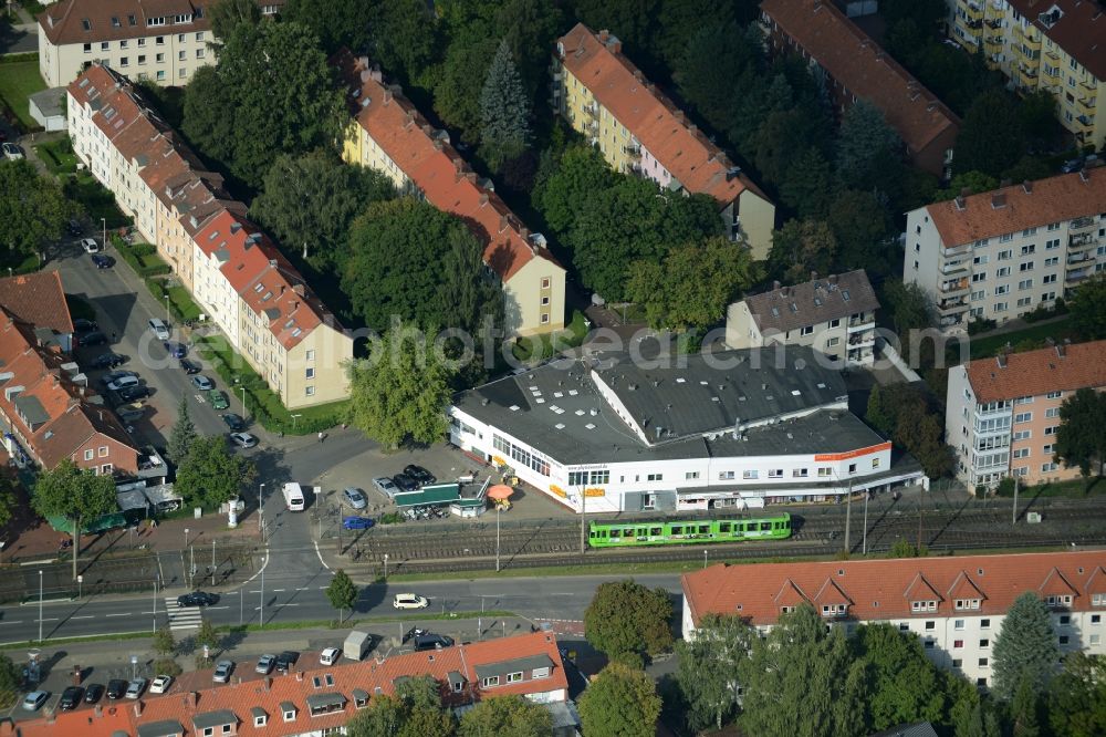 Hannover from above - View on the building of the shopping center in the Wallensteinstrasse in Hannover in the state Lower Saxony