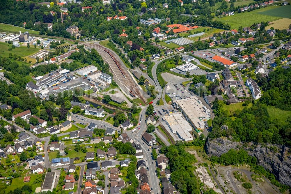 Warstein from above - Building of the shopping center Warstein-Suttrop in Warstein in the state North Rhine-Westphalia, Germany