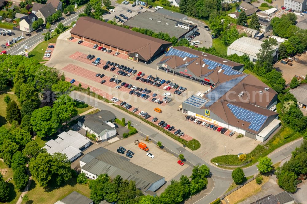 Breckerfeld from above - Building of the shopping center on Windmuehlenstrasse - Frankfuter Strasse - Langscheider Strasse in Breckerfeld in the state North Rhine-Westphalia, Germany