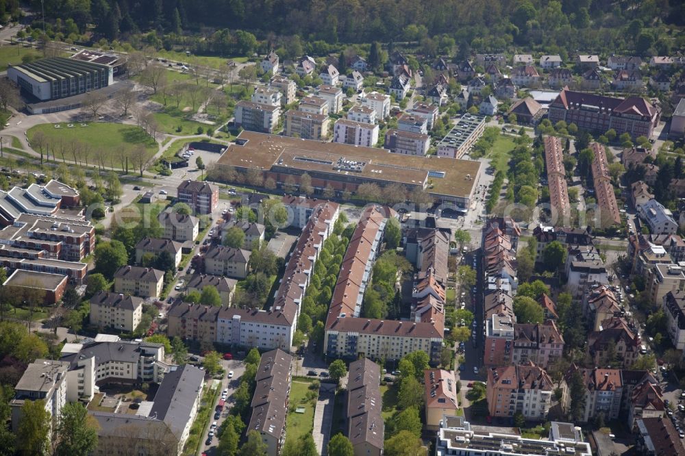 Freiburg im Breisgau from above - Building of the shopping center ZO-Zentrum Oberwiehre at the Schwarzwaldstrasse in Freiburg im Breisgau in the state Baden-Wuerttemberg