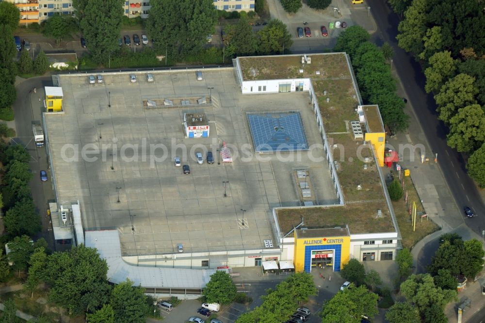 Berlin from the bird's eye view: Shopping centre Allende-Center in the Koepenick part of the district of Treptow-Koepenick in Berlin in Germany. The center is a shopping mall in the Allende quarter on Pablo-Neruda-Street. It includes a REWE supermarket