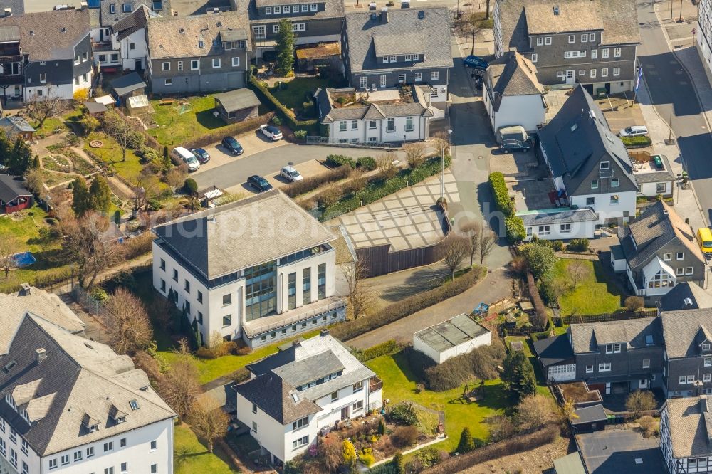 Schmallenberg from above - Building of the store - furniture market burgbad Aktiengesellschaft on Kirchplatz in Schmallenberg in the state North Rhine-Westphalia, Germany