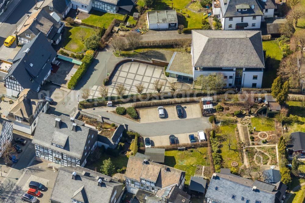 Schmallenberg from above - Building of the store - furniture market burgbad Aktiengesellschaft on Kirchplatz in Schmallenberg in the state North Rhine-Westphalia, Germany