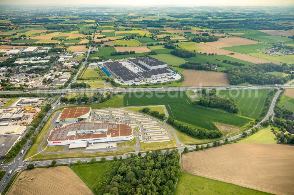 Aerial photograph Hamm - Building of the store - furniture market finke Das Erlebnis-Einrichten Hamm on Unnaer Strasse in Hamm in the state North Rhine-Westphalia, Germany