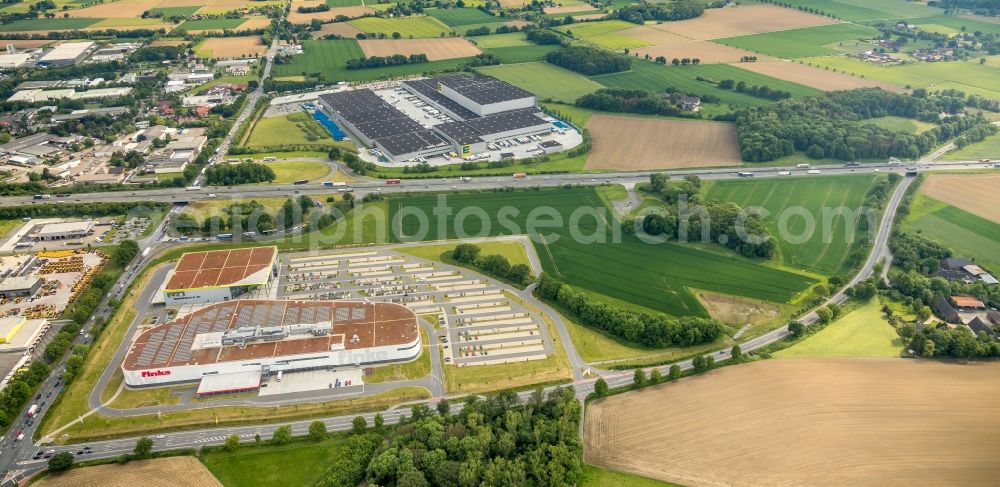 Hamm from above - Building of the store - furniture market finke Das Erlebnis-Einrichten Hamm on Unnaer Strasse in Hamm in the state North Rhine-Westphalia, Germany