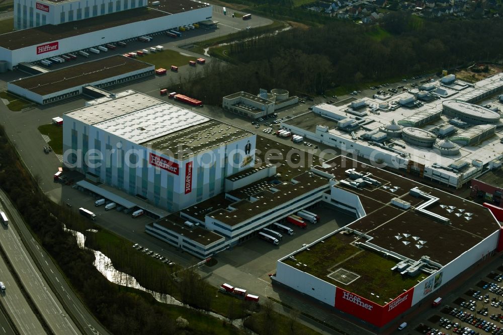 Leuna from above - Building complex of the furniture store - Moebelmarkt Hoeffner in Leuna in the state Saxony-Anhalt, Germany