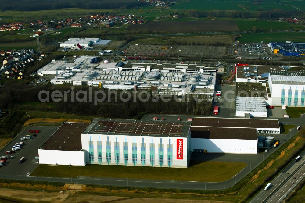 Leuna from the bird's eye view: Building complex of the furniture store - Moebelmarkt Hoeffner in Leuna in the state Saxony-Anhalt, Germany