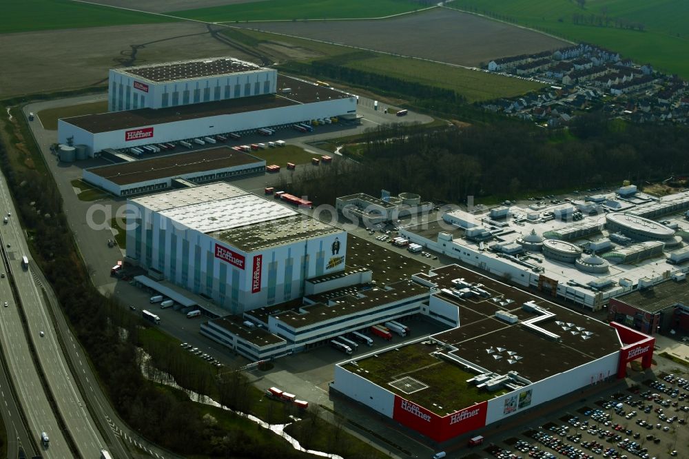 Aerial image Leuna - Building complex of the furniture store - Moebelmarkt Hoeffner in Leuna in the state Saxony-Anhalt, Germany