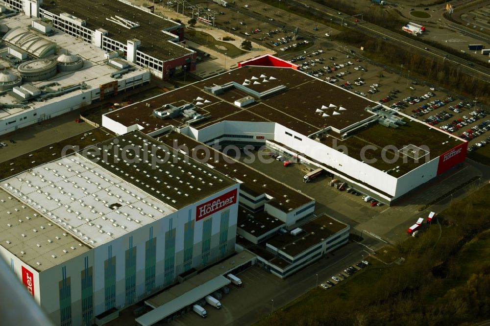 Aerial image Leuna - Building complex of the furniture store - Moebelmarkt Hoeffner in Leuna in the state Saxony-Anhalt, Germany