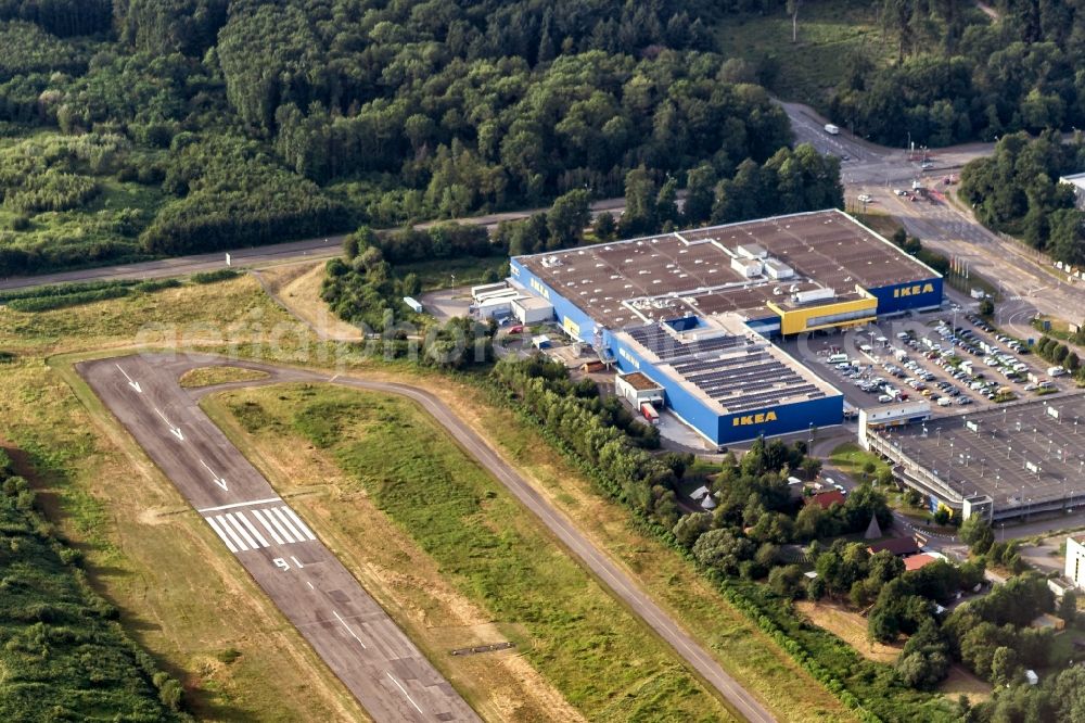 Freiburg im Breisgau from the bird's eye view: Building of the store - furniture market IKea with ongrenzender Londebahn in Freiburg im Breisgau in the state Baden-Wurttemberg, Germany