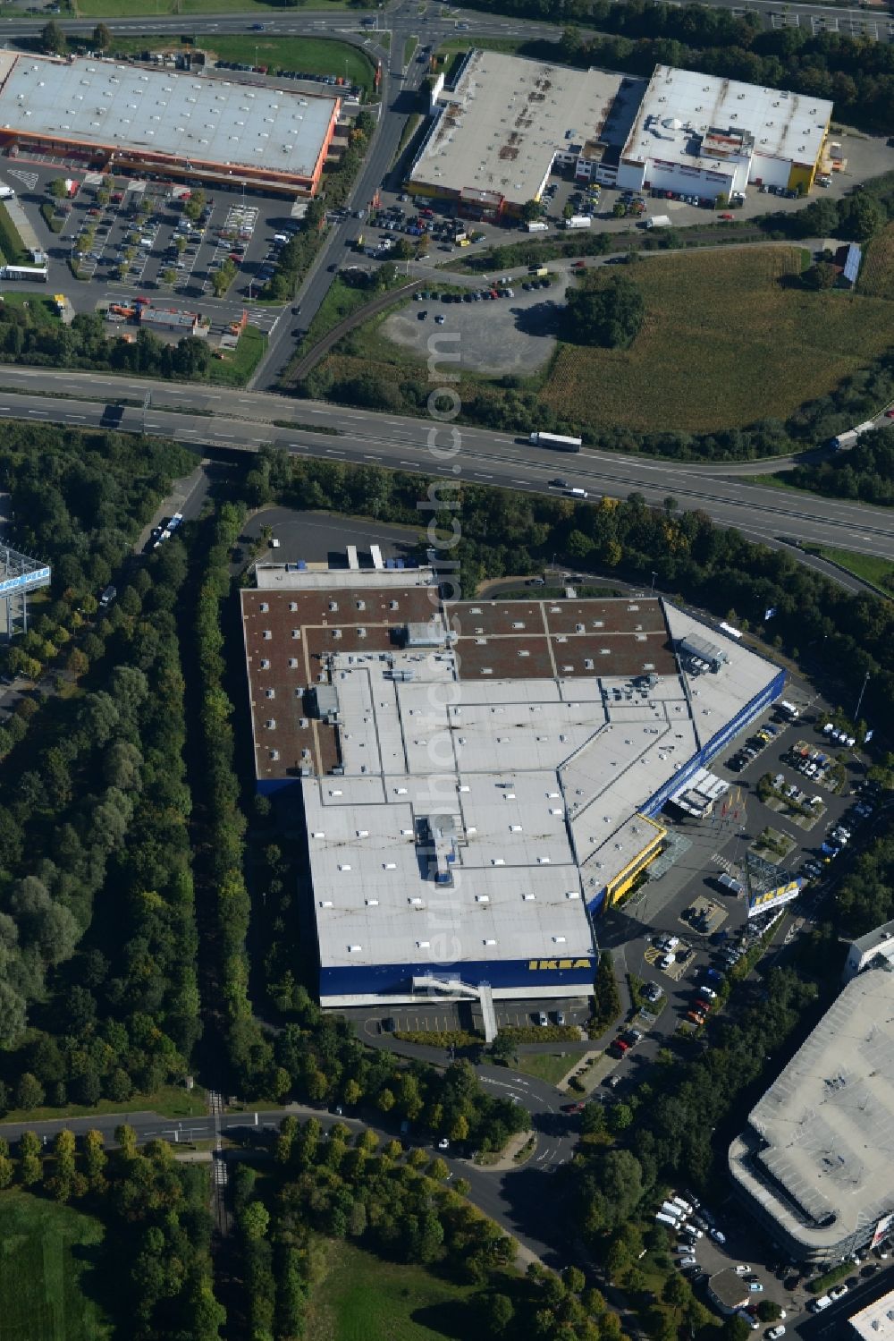 Kassel from the bird's eye view: Building of the store - furniture market IKEA Einrichtungshaus on Heinrich-Hertz-Strasse in Kassel in the state Hesse