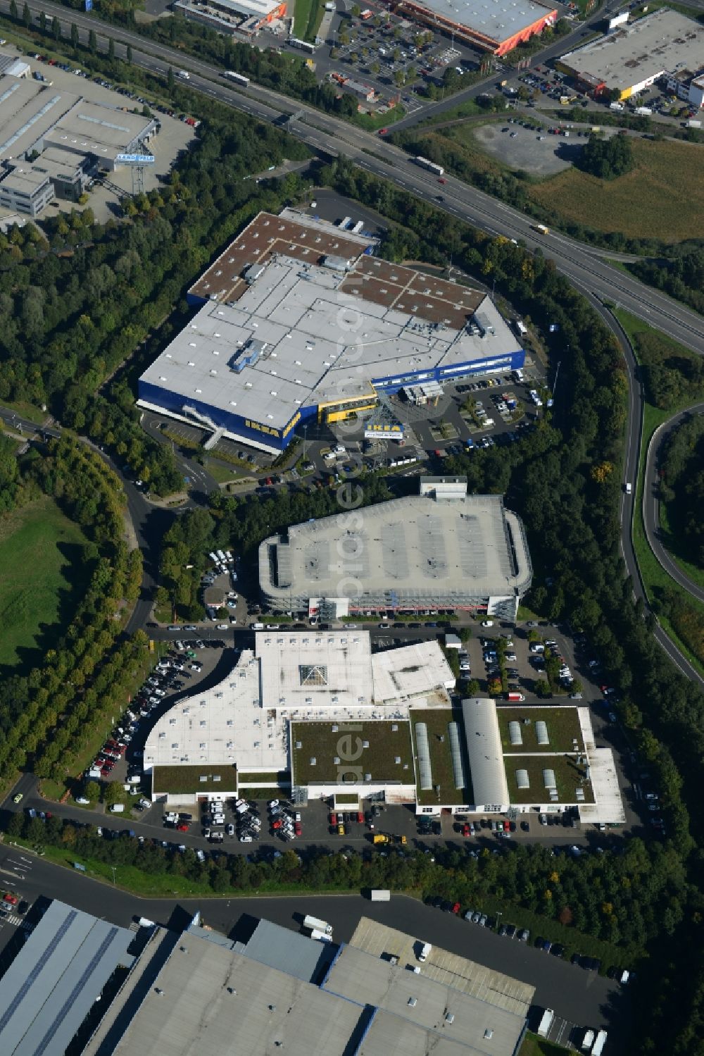 Kassel from above - Building of the store - furniture market IKEA Einrichtungshaus on Heinrich-Hertz-Strasse in Kassel in the state Hesse