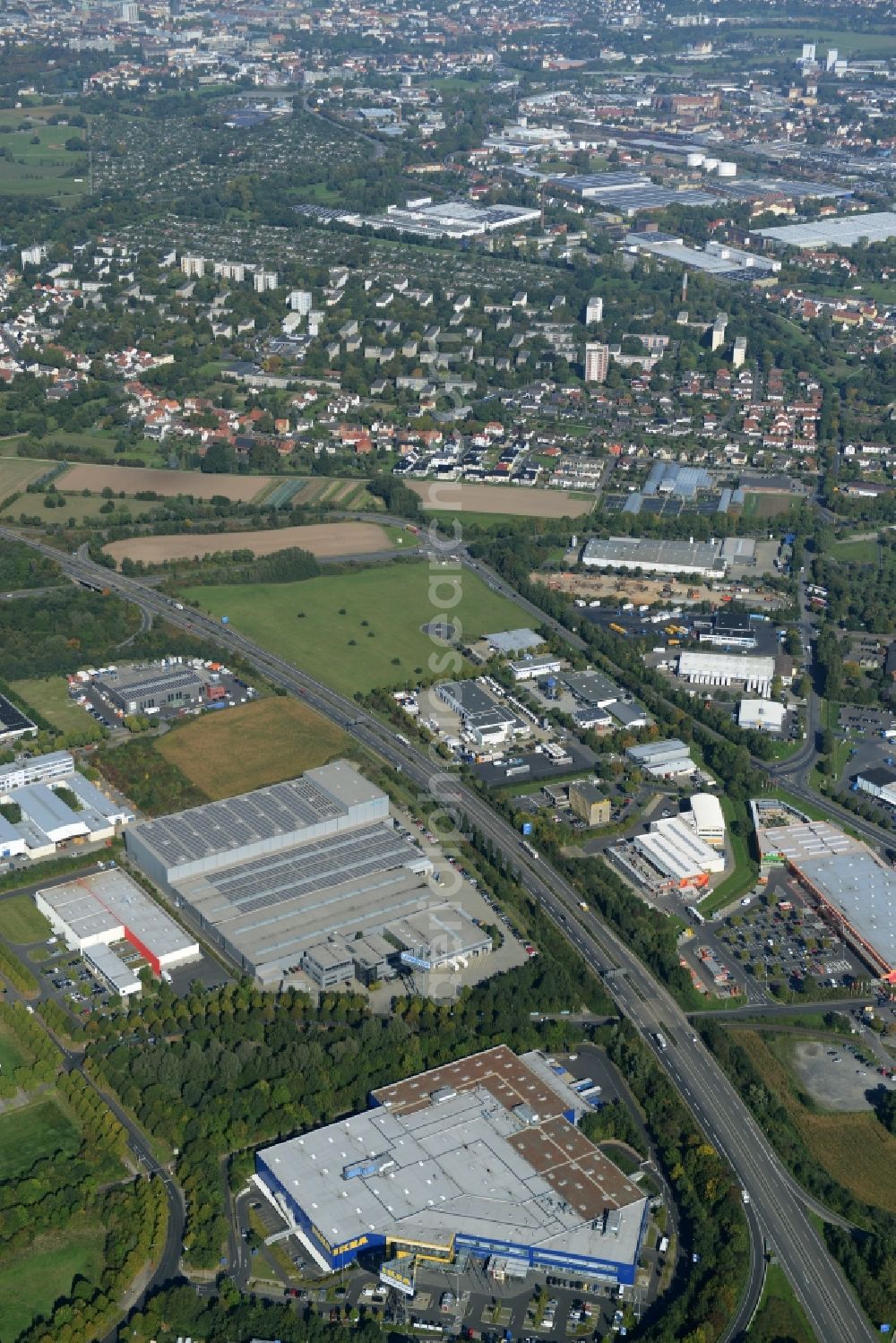 Aerial image Kassel - Building of the store - furniture market IKEA Einrichtungshaus on Heinrich-Hertz-Strasse in Kassel in the state Hesse