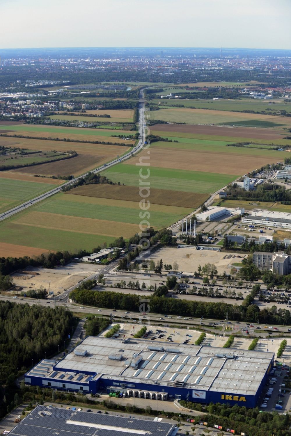 Aerial image Brunnthal - Building of the store - furniture market IKEA Einrichtungshaus Muenchen Brunnthal in Brunnthal in the state Bavaria