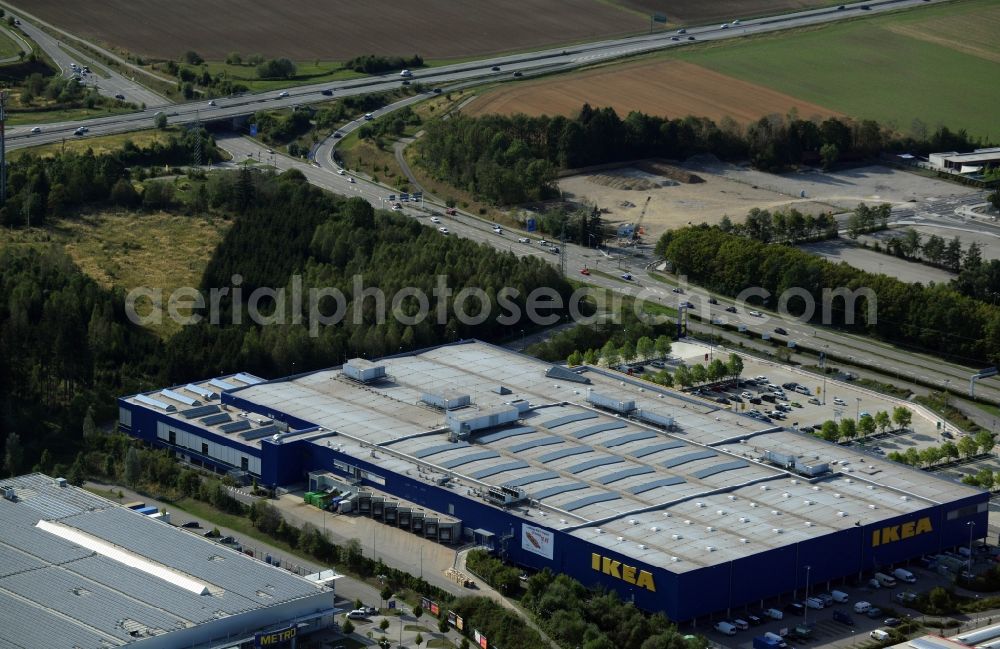 Brunnthal from the bird's eye view: Building of the store - furniture market IKEA Einrichtungshaus Muenchen Brunnthal in Brunnthal in the state Bavaria