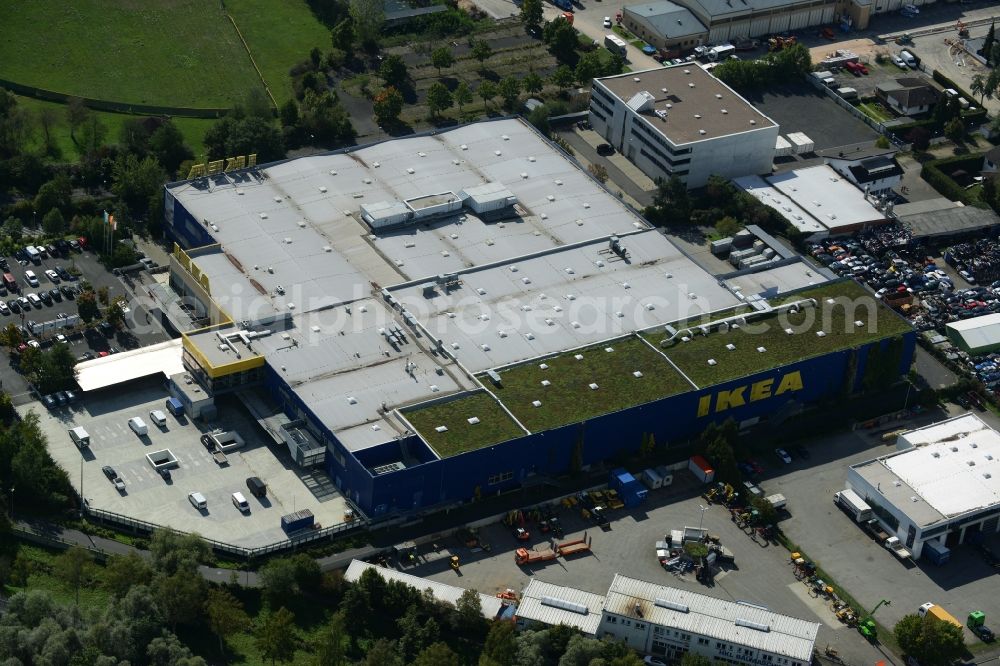 Hanau from above - Building of the store - furniture market IKEA Einrichtungshaus on Oderstrasse in Hanau in the state Hesse