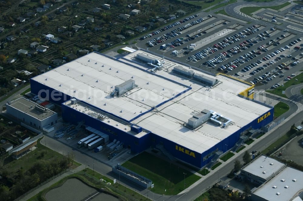 Magdeburg from the bird's eye view: Building of the store - furniture market IKEA Magdeburg on Ebendorfer Chaussee in the district Kannenstieg in Magdeburg in the state Saxony-Anhalt, Germany