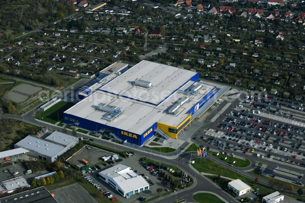 Magdeburg from the bird's eye view: Building of the store - furniture market IKEA Magdeburg on Ebendorfer Chaussee in the district Kannenstieg in Magdeburg in the state Saxony-Anhalt, Germany