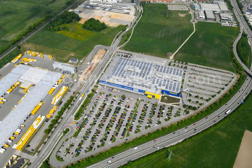 Augsburg from the bird's eye view: Building of the store - furniture market IKEA Moebel & Einrichtungshaus Augsburg on Otto-Hahn-Strasse in the district Oberhausen in Augsburg in the state Bavaria, Germany