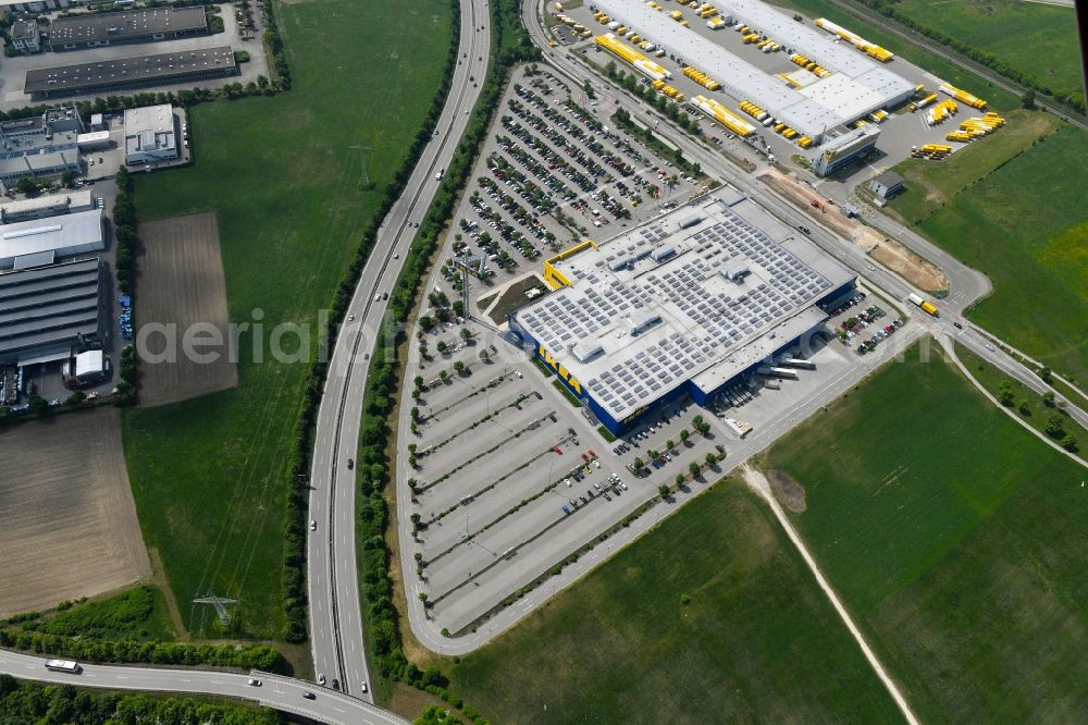 Augsburg from the bird's eye view: Building of the store - furniture market IKEA Moebel & Einrichtungshaus Augsburg on Otto-Hahn-Strasse in the district Oberhausen in Augsburg in the state Bavaria, Germany