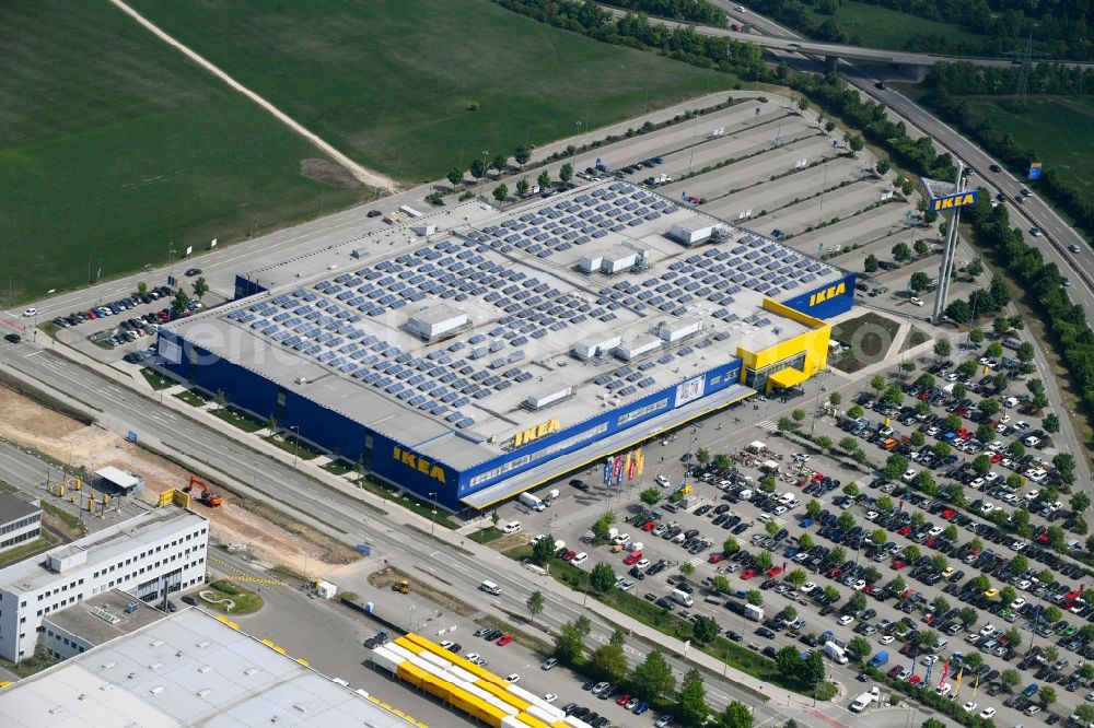 Augsburg from the bird's eye view: Building of the store - furniture market IKEA Moebel & Einrichtungshaus Augsburg on Otto-Hahn-Strasse in the district Oberhausen in Augsburg in the state Bavaria, Germany