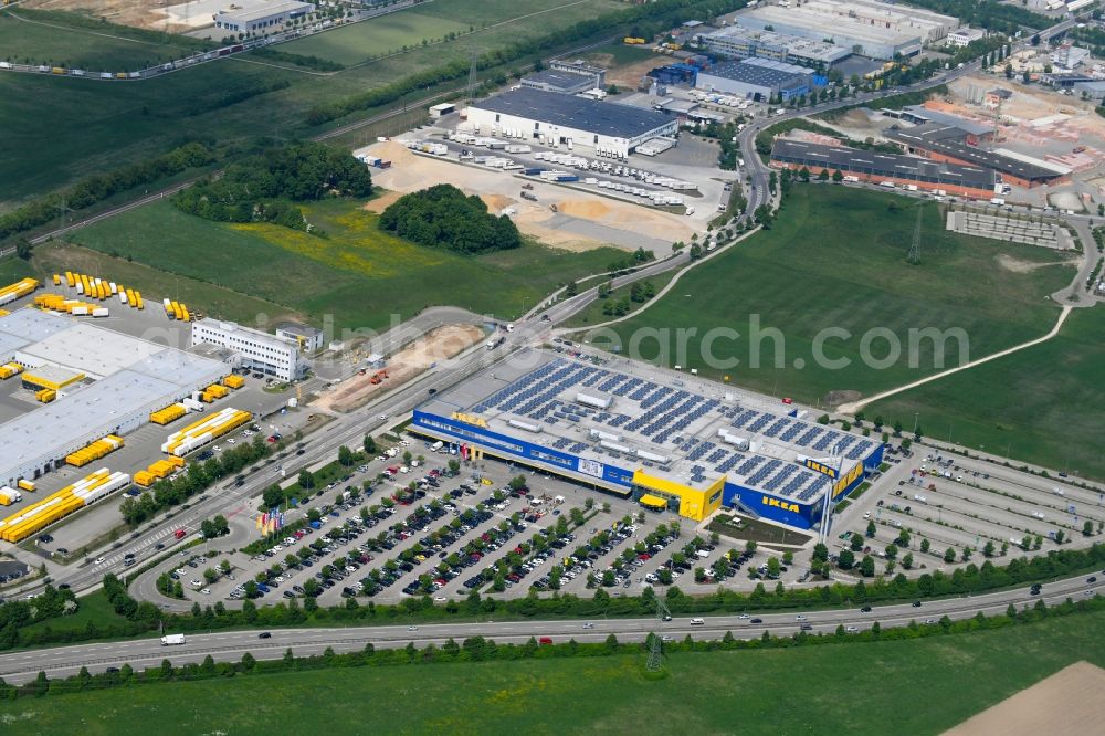 Augsburg from above - Building of the store - furniture market IKEA Moebel & Einrichtungshaus Augsburg on Otto-Hahn-Strasse in the district Oberhausen in Augsburg in the state Bavaria, Germany