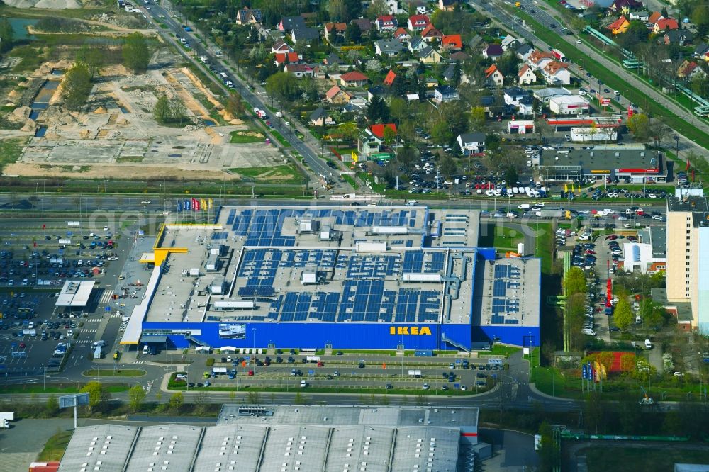 Berlin from above - Building of the store - furniture market IKEA Moebel & Einrichtungshaus Berlin-Lichtenberg on Landsberger Allee in the district Lichtenberg in Berlin, Germany