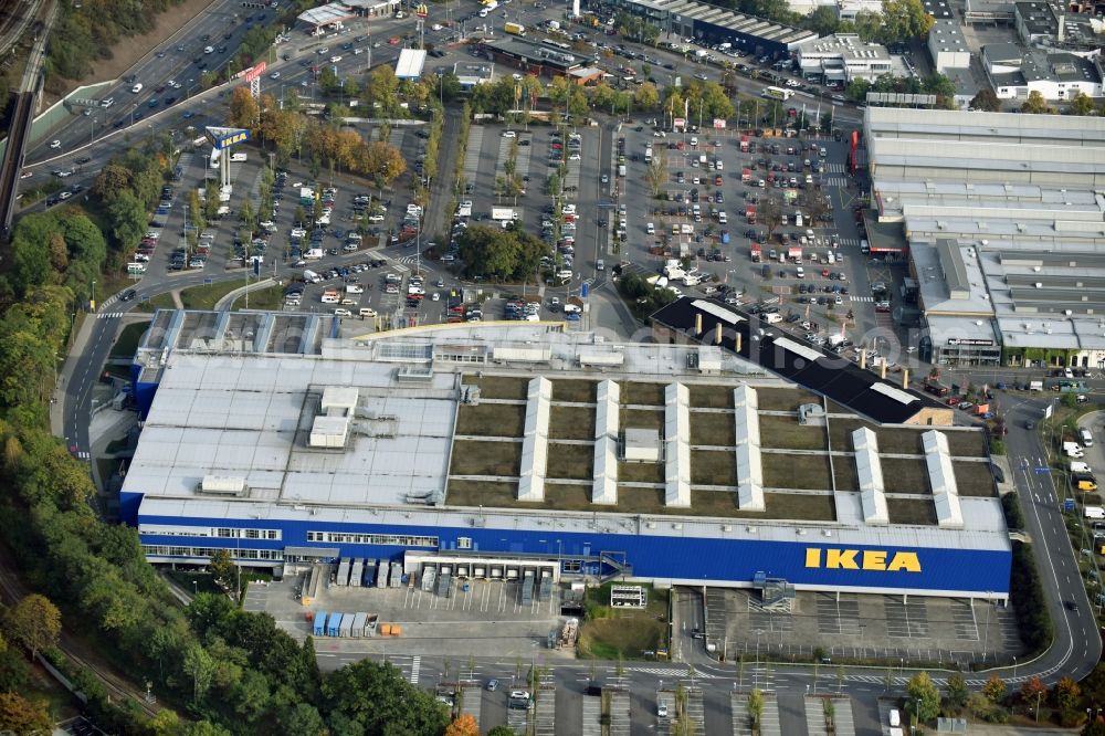 Aerial image Berlin - Building of the store - furniture market IKEA Moebel & Einrichtungshaus Berlin-Tempelhof on Sachsendonm in the district Tempelhof in Berlin, Germany