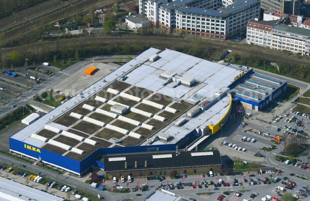 Berlin from above - Building of the store - furniture market IKEA Moebel & Einrichtungshaus Berlin-Tempelhof on Sachsendonm in the district Tempelhof in Berlin, Germany