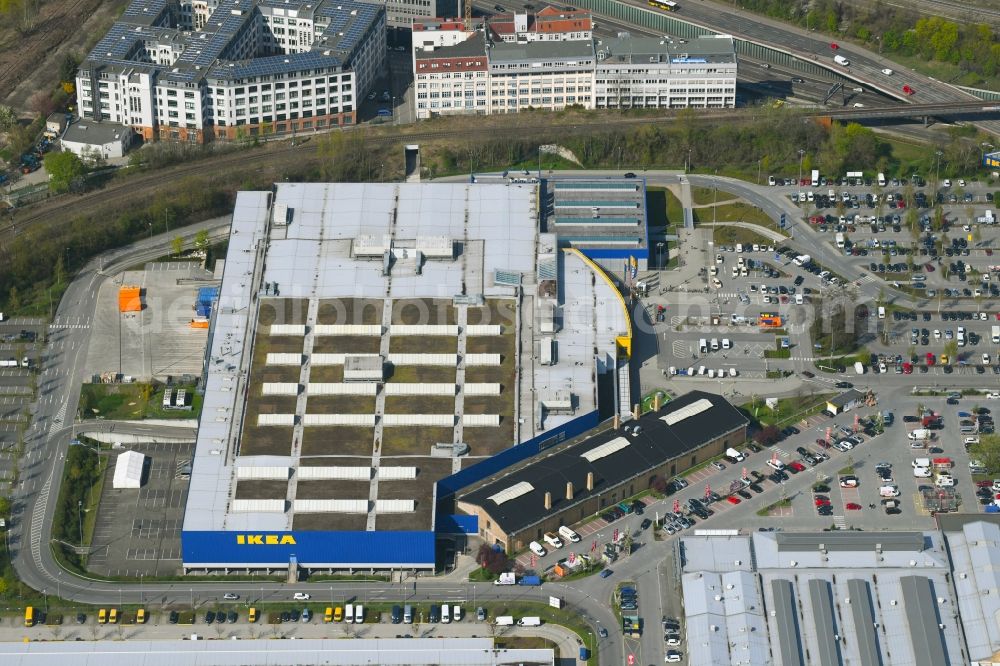 Aerial image Berlin - Building of the store - furniture market IKEA Moebel & Einrichtungshaus Berlin-Tempelhof on Sachsendonm in the district Tempelhof in Berlin, Germany