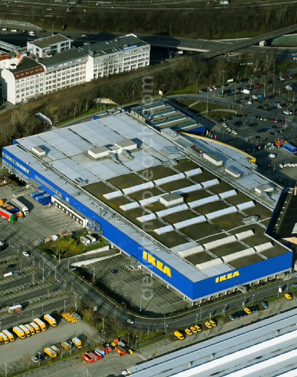 Berlin from above - Building of the store - furniture market IKEA Moebel & Einrichtungshaus Berlin-Tempelhof on Sachsendonm in the district Tempelhof in Berlin, Germany