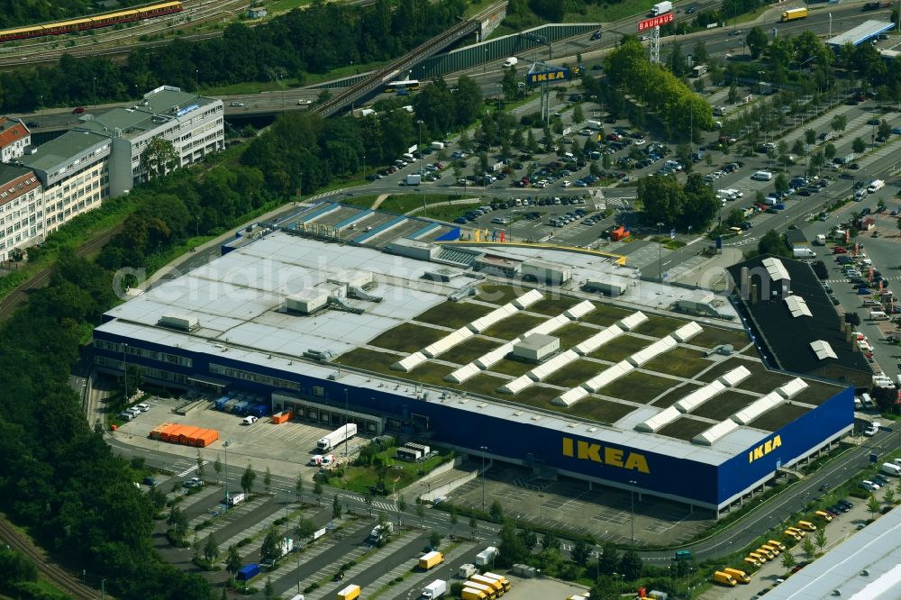 Berlin from above - Building of the store - furniture market IKEA Moebel & Einrichtungshaus Berlin-Tempelhof on Sachsendonm in the district Tempelhof-Schoeneberg in Berlin, Germany