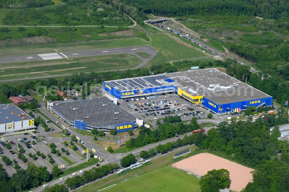 Freiburg im Breisgau from above - Building of the store - furniture market IKEA Moebel & Einrichtungshaus Freiburg on Hermann-Mitsch-Strasse in Freiburg im Breisgau in the state Baden-Wuerttemberg, Germany