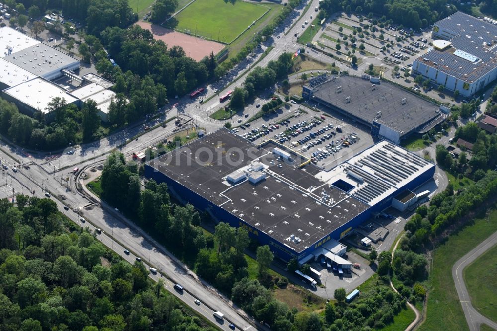 Aerial image Freiburg im Breisgau - Building of the store - furniture market IKEA Moebel & Einrichtungshaus Freiburg on Hermann-Mitsch-Strasse in Freiburg im Breisgau in the state Baden-Wuerttemberg, Germany