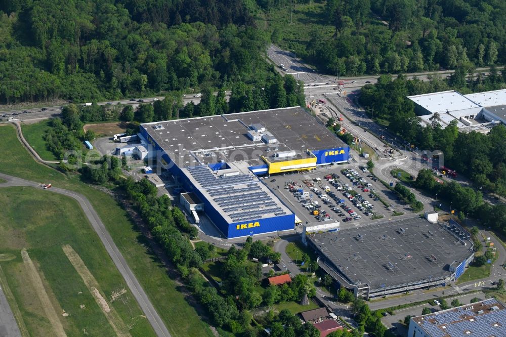 Freiburg im Breisgau from above - Building of the store - furniture market IKEA Moebel & Einrichtungshaus Freiburg on Hermann-Mitsch-Strasse in Freiburg im Breisgau in the state Baden-Wuerttemberg, Germany