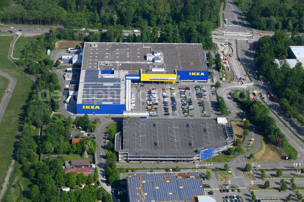 Aerial image Freiburg im Breisgau - Building of the store - furniture market IKEA Moebel & Einrichtungshaus Freiburg on Hermann-Mitsch-Strasse in Freiburg im Breisgau in the state Baden-Wuerttemberg, Germany