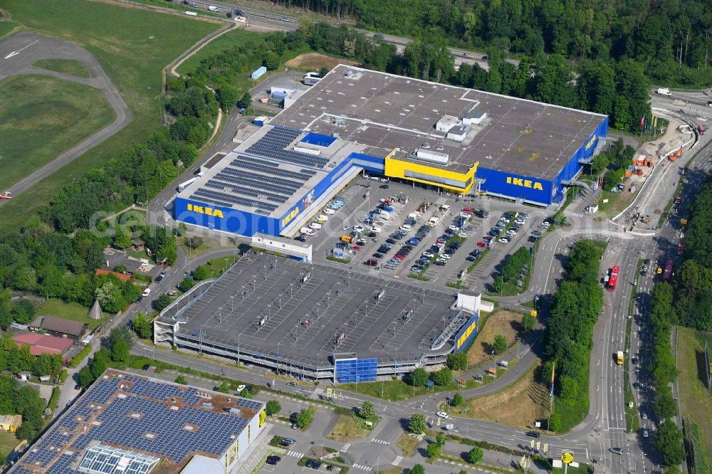 Freiburg im Breisgau from above - Building of the store - furniture market IKEA Moebel & Einrichtungshaus Freiburg on Hermann-Mitsch-Strasse in Freiburg im Breisgau in the state Baden-Wuerttemberg, Germany