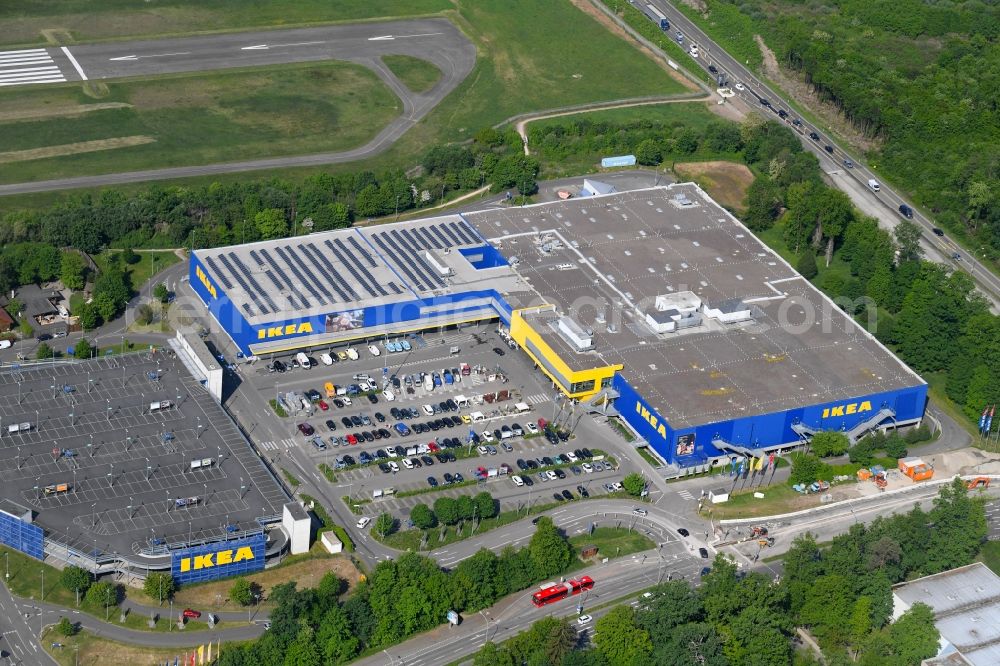 Freiburg im Breisgau from above - Building of the store - furniture market IKEA Moebel & Einrichtungshaus Freiburg on Hermann-Mitsch-Strasse in Freiburg im Breisgau in the state Baden-Wuerttemberg, Germany