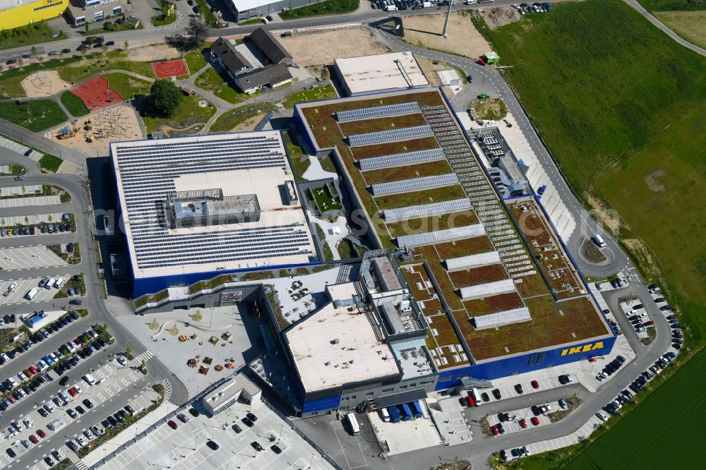 Kaarst from above - Building of the store - furniture market IKEA Moebel & Einrichtungshaus Kaarst on Hans-Dietrich-Genscher-Strasse in the district Holzbuettgen in Kaarst in the state North Rhine-Westphalia, Germany