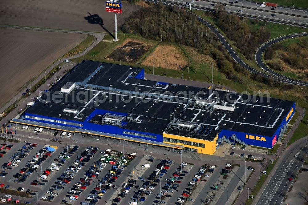 Günthersdorf from the bird's eye view: Building of the store - furniture market IKEA Moebel & Einrichtungshaus Nordpark in Guenthersdorf in the state Saxony-Anhalt