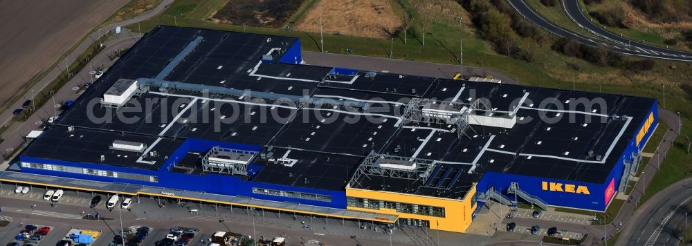 Aerial image Günthersdorf - Building of the store - furniture market IKEA Moebel & Einrichtungshaus Nordpark in Guenthersdorf in the state Saxony-Anhalt