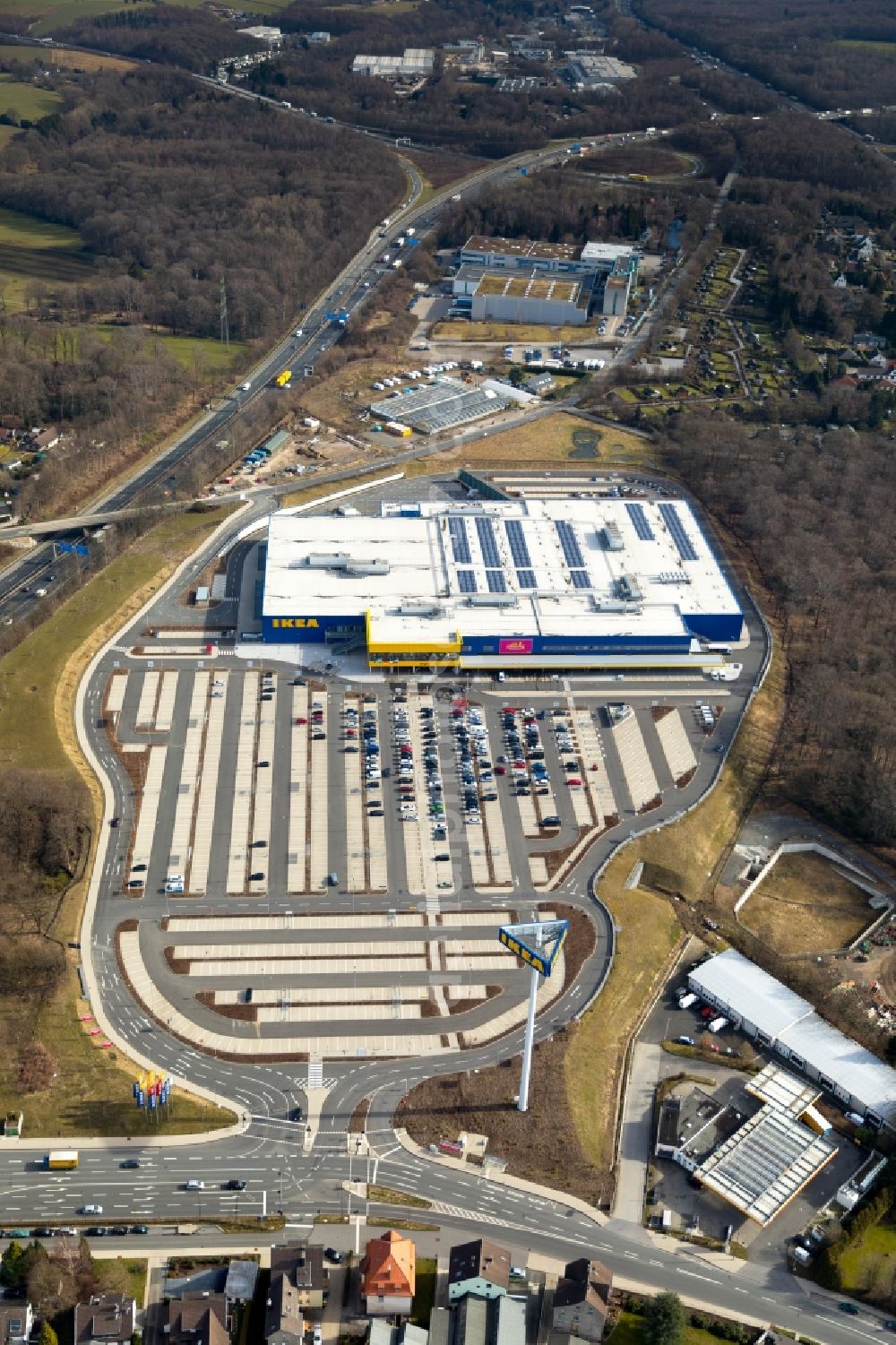 Aerial photograph Wuppertal - Building of the store - furniture market IKEA Moebel & Einrichtungshaus Wuppertal on Schmiedestrasse in the district Oberbarmen in Wuppertal in the state North Rhine-Westphalia, Germany