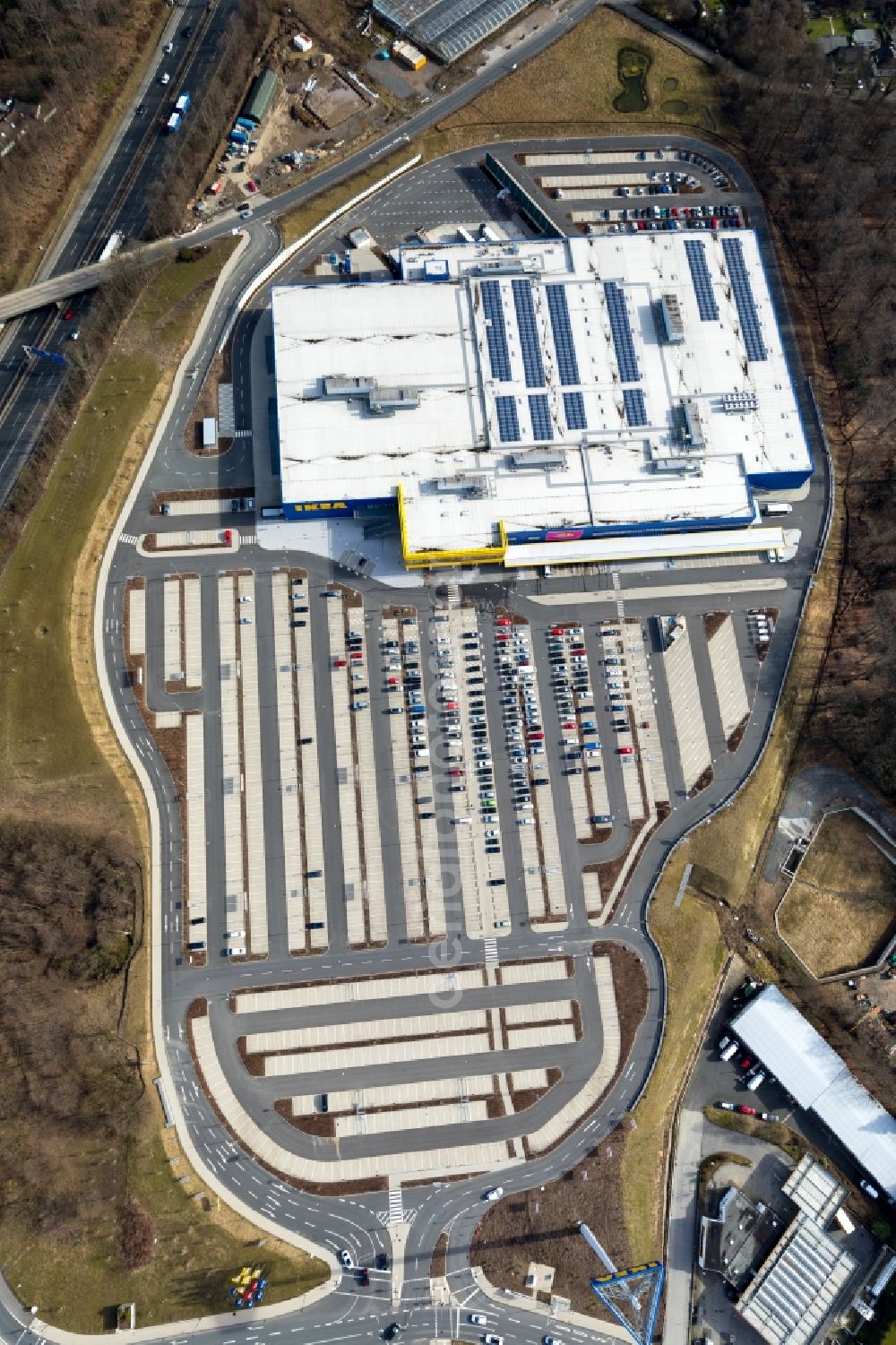 Aerial image Wuppertal - Building of the store - furniture market IKEA Moebel & Einrichtungshaus Wuppertal on Schmiedestrasse in the district Oberbarmen in Wuppertal in the state North Rhine-Westphalia, Germany