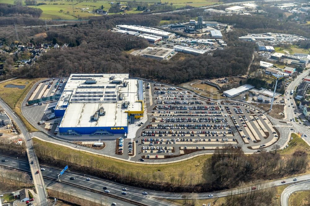 Aerial image Wuppertal - Building of the store - furniture market IKEA Moebel & Einrichtungshaus Wuppertal on Schmiedestrasse in the district Oberbarmen in Wuppertal in the state North Rhine-Westphalia, Germany