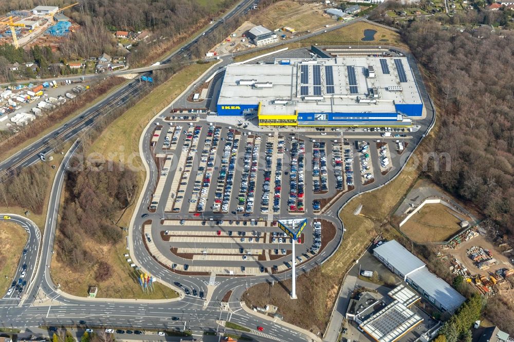 Aerial photograph Wuppertal - Building of the store - furniture market IKEA Moebel & Einrichtungshaus Wuppertal on Schmiedestrasse in the district Oberbarmen in Wuppertal in the state North Rhine-Westphalia, Germany