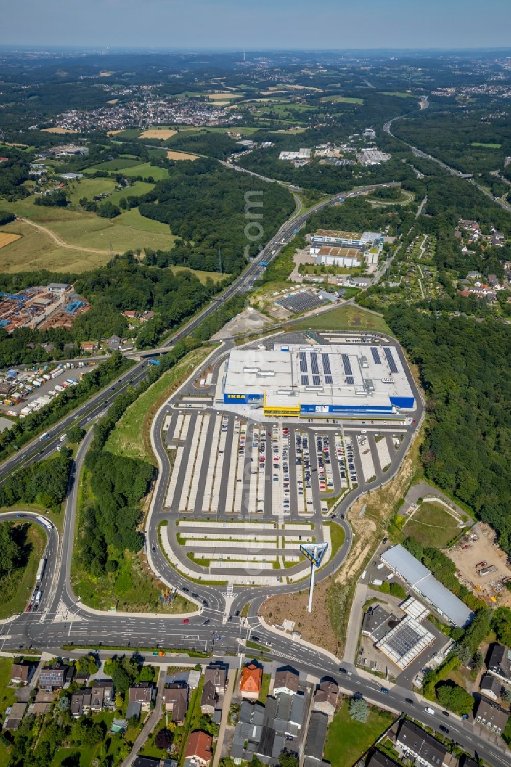 Aerial image Wuppertal - Building of the store - furniture market IKEA Moebel & Einrichtungshaus Wuppertal on Schmiedestrasse in the district Oberbarmen in Wuppertal in the state North Rhine-Westphalia, Germany