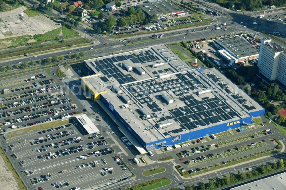 Berlin from above - Building of the store - furniture market KEA Moebel & Einrichtungshaus Berlin-Lichtenberg on Landsberger Allee in the district Lichtenberg in Berlin, Germany