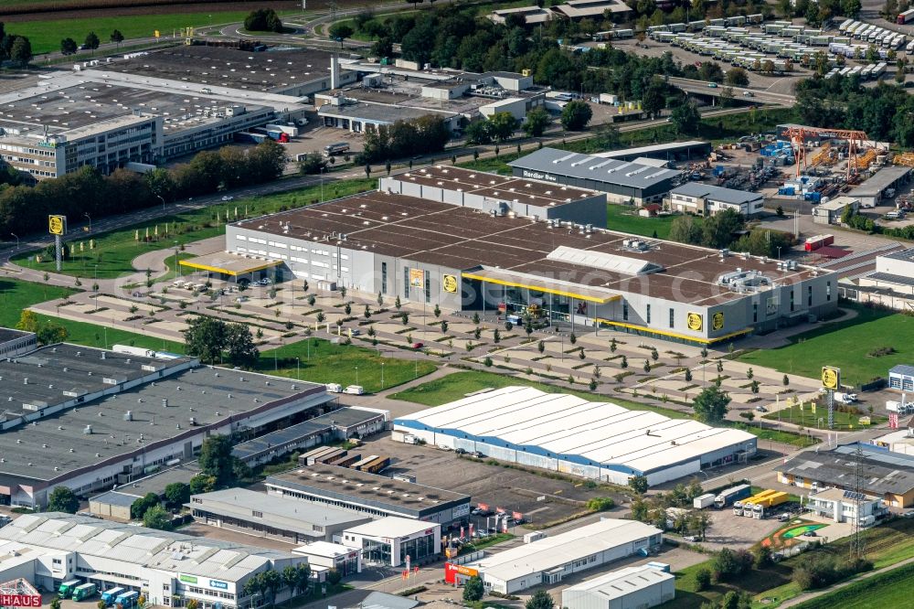 Offenburg from above - Building of the store - furniture market Moebel Braun in Offenburg in the state Baden-Wurttemberg, Germany