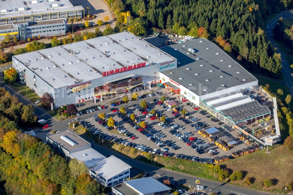 Freudenberg from above - Building of the store - furniture market Moebel Zimmermann GmbH und Co. KG an der Buehler Hoehe in Freudenberg in the state North Rhine-Westphalia