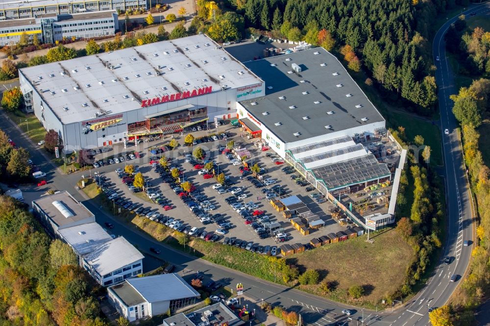 Freudenberg from the bird's eye view: Building of the store - furniture market Moebel Zimmermann GmbH und Co. KG an der Buehler Hoehe in Freudenberg in the state North Rhine-Westphalia